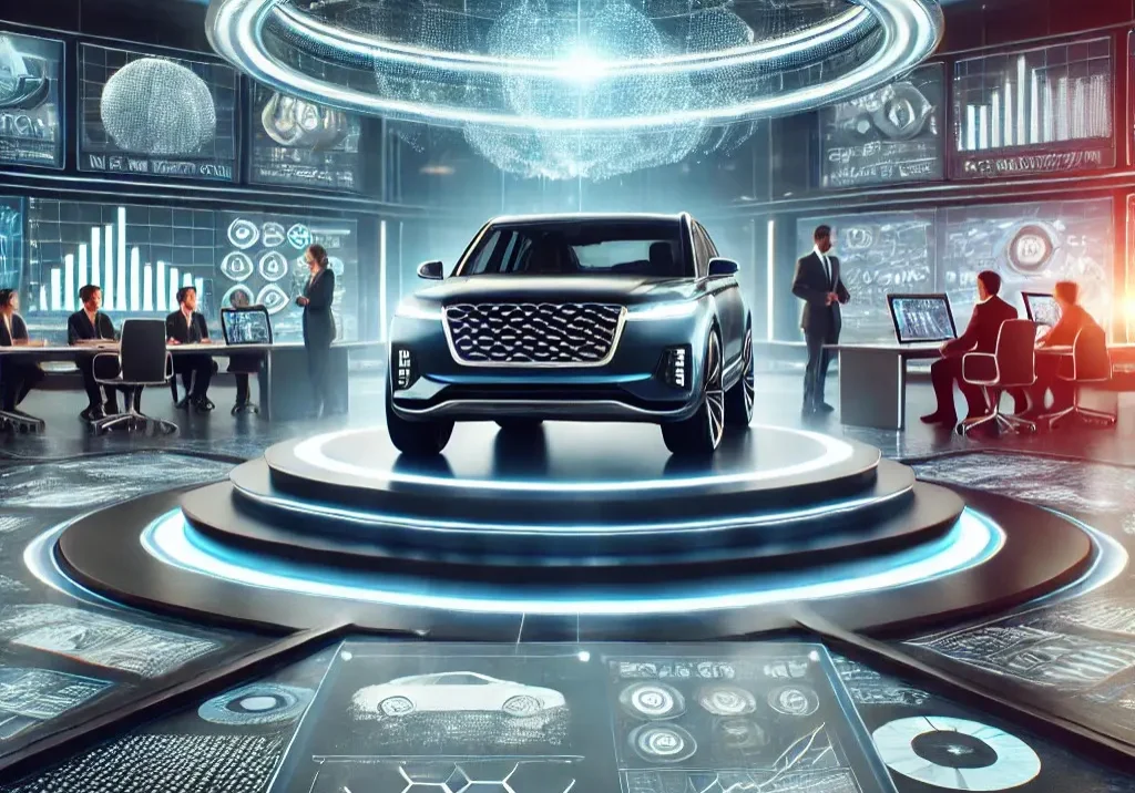 A car is shown in front of futuristic lights.